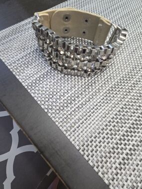 Crystal-Embellished Wide Cuff Bracelet in Silver and Beige